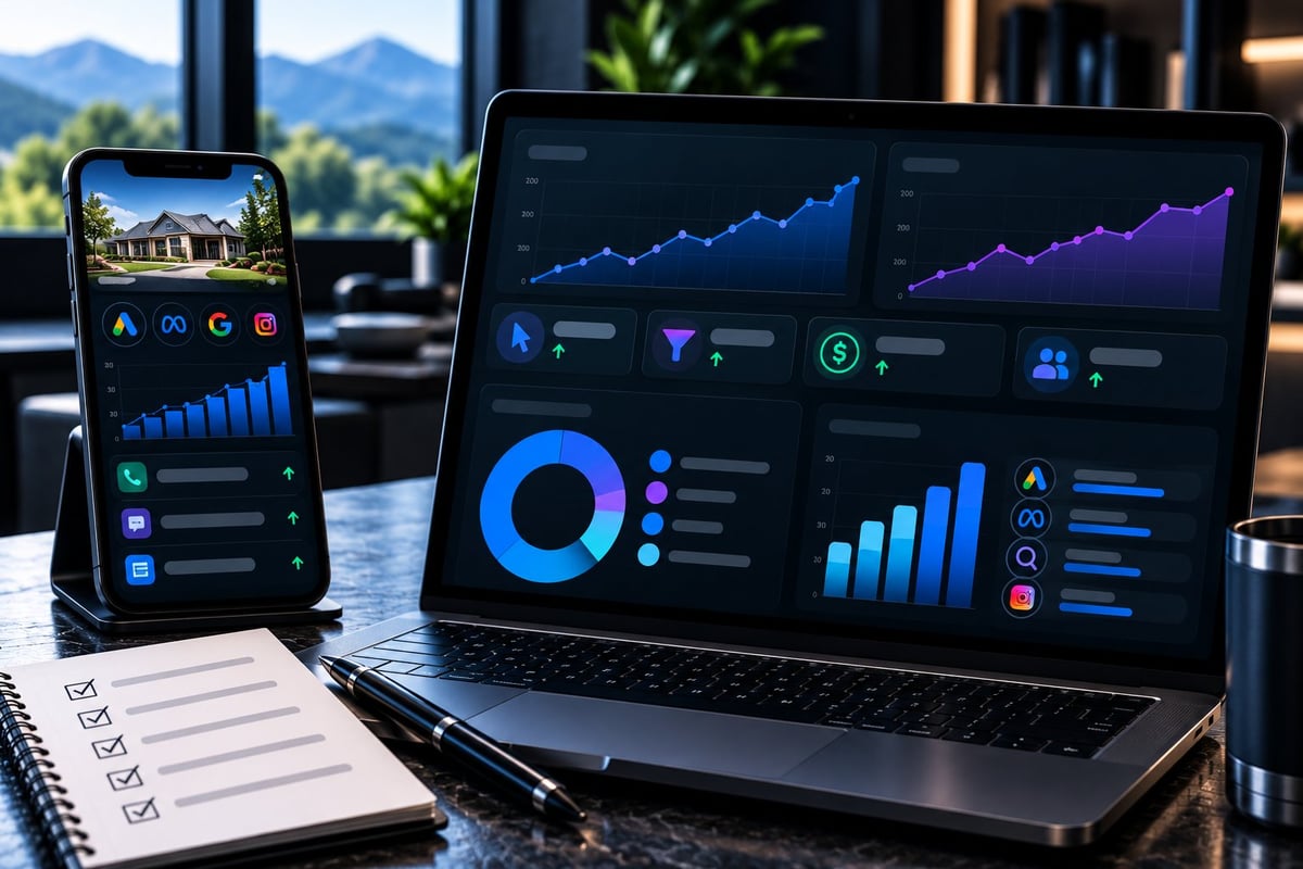 Smartphone and laptop displaying business analytics dashboards with charts, graphs, and data visualizations on a modern office desk near windows with mountain view