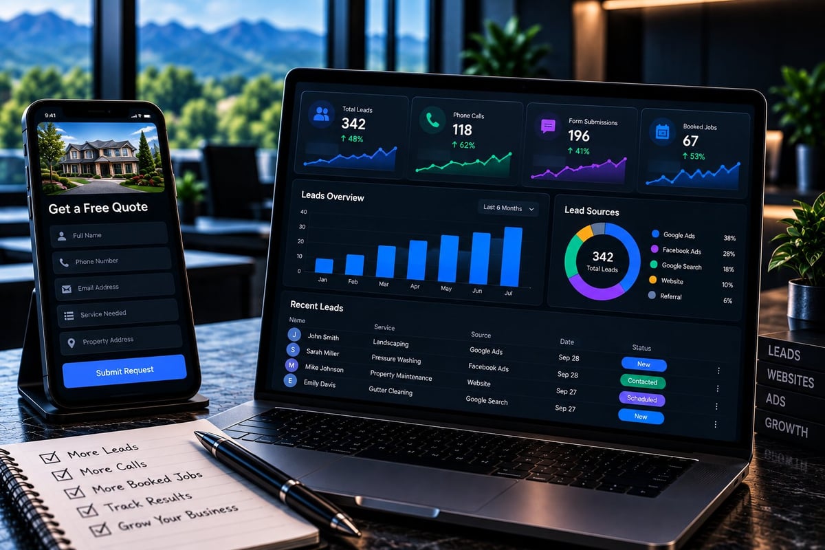 Business analytics dashboard displayed on laptop and mobile phone with charts, metrics, and lead data on office desk with mountain view