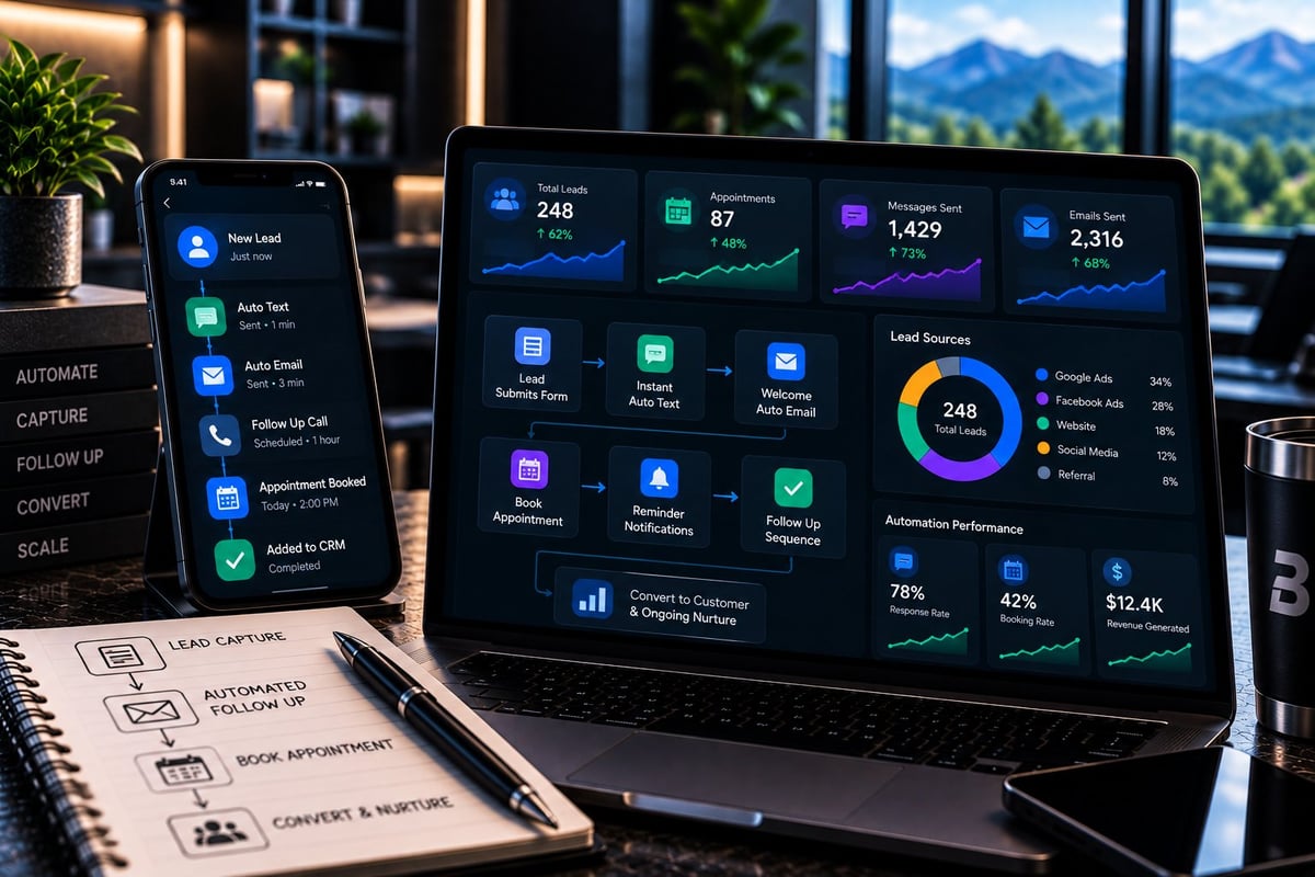 Modern office workspace with laptop and smartphone displaying analytics dashboards, blueprints, and mountains visible through windows