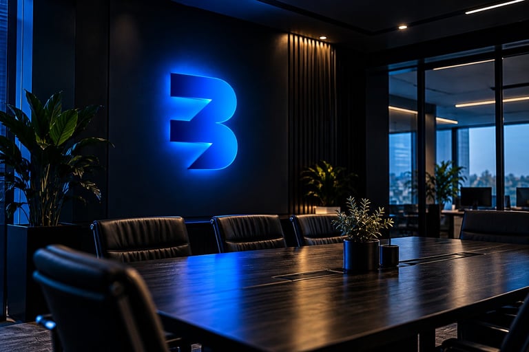 Modern conference room with glowing blue neon B logo on dark wall, polished wood table, leather chairs, and city skyline views