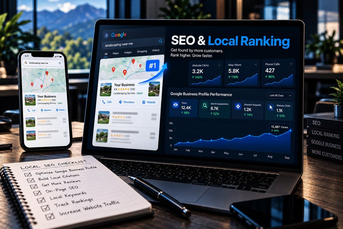 Desktop workspace showing SEO and local ranking dashboard on laptop screen, smartphone, and handwritten notes on desk with mountain view background