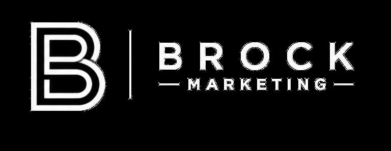 Brock Marketing logo with white geometric B icon and text on black background