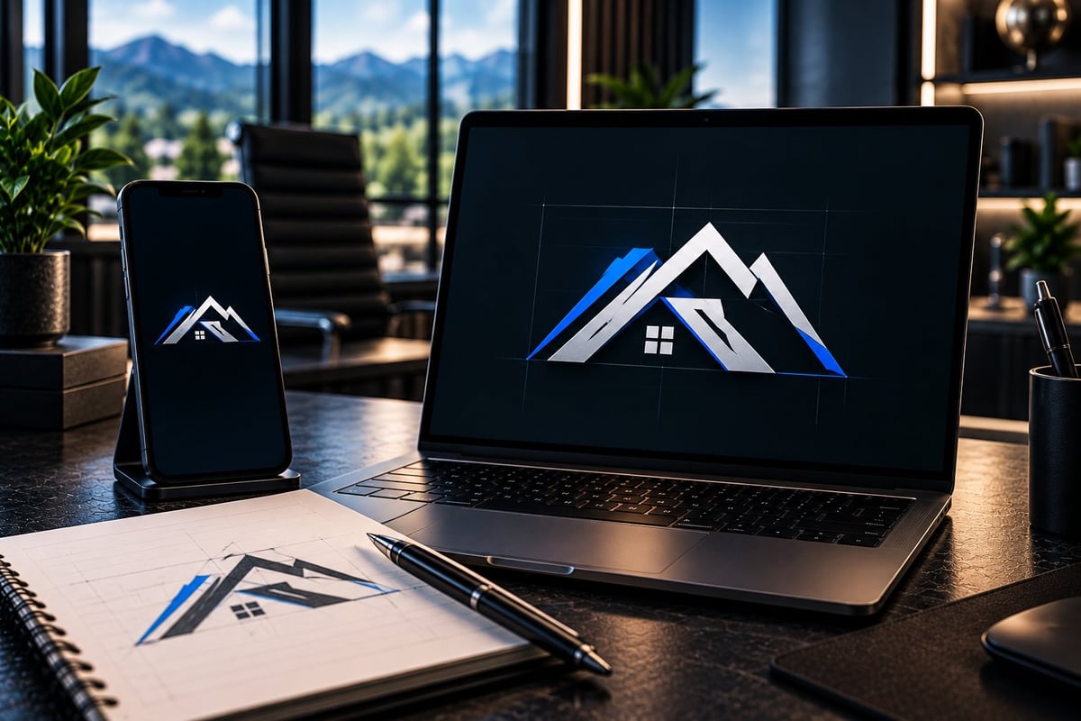 Modern office workspace showing a laptop and smartphone displaying a blue mountain house logo, with a notebook sketch, overlooking mountains
