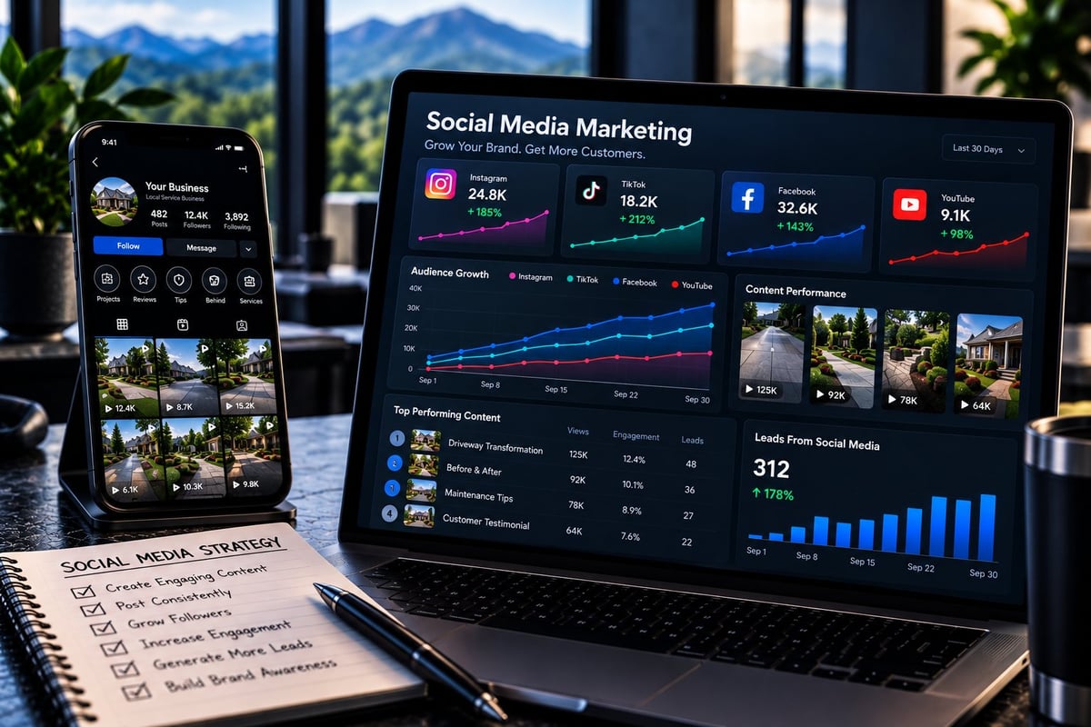 Social media marketing analytics dashboard displayed on laptop and smartphone with performance metrics and charts on office desk