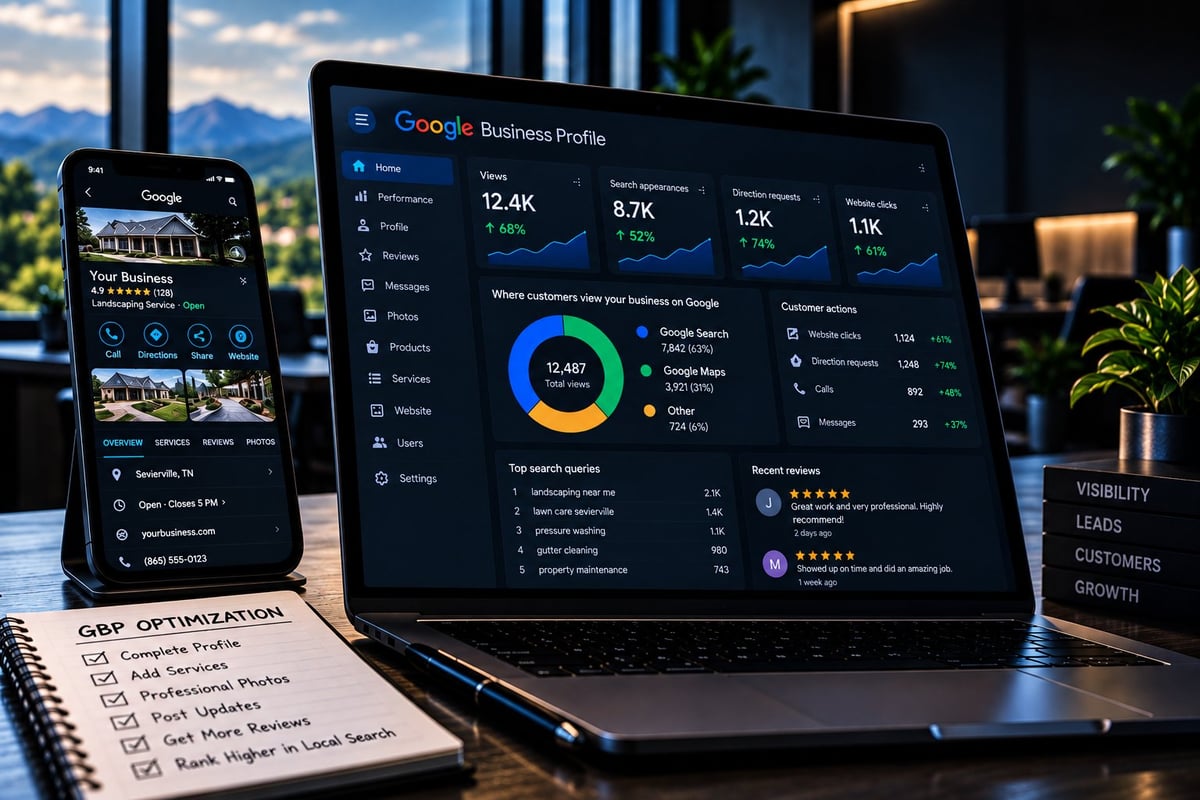 Google Business Profile dashboard displayed on laptop and smartphone with analytics metrics and performance data on a desk with notepad and plants